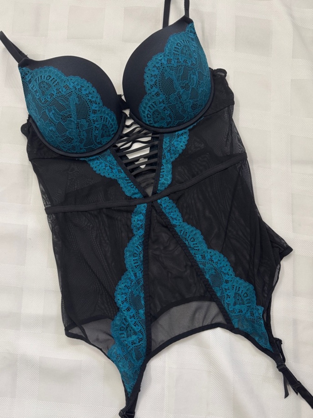 La SENZA Black and Teal Lace Bustier Chemise